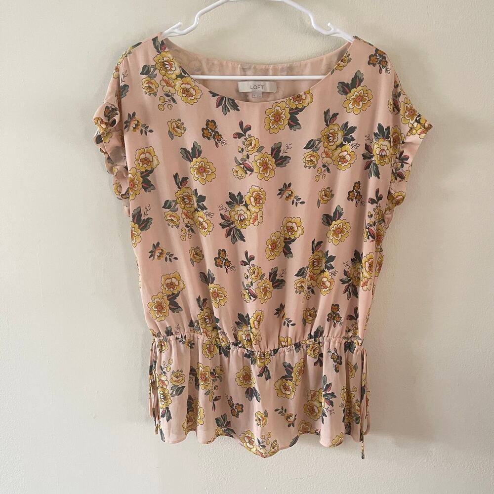 Loft Floral Smocked Peplum Top Blush Pink Yellow Flutter Sleeve Blouse L